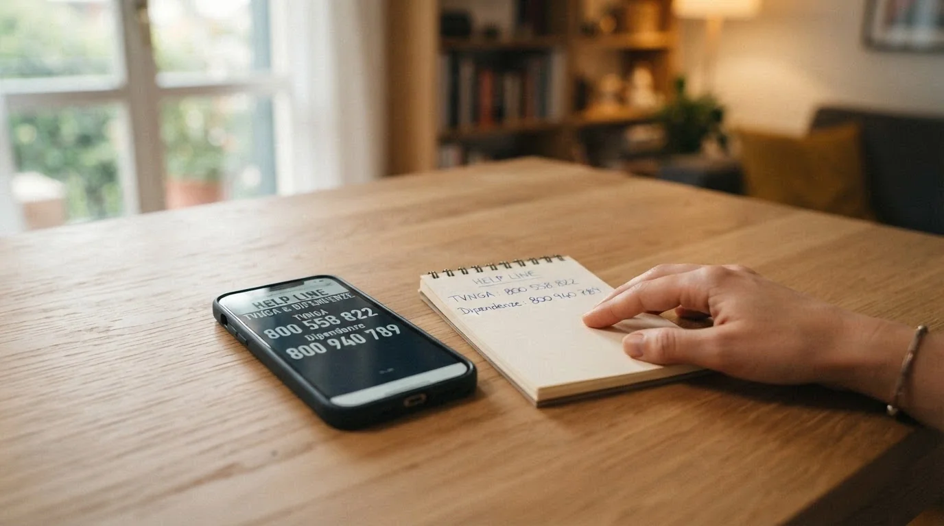 Un telefono con la cornetta alzata e accanto i loghi dei servizi di assistenza italiani: TVNGA, Numero Verde Dipendenze, Ser.D., Giocatori Anonimi, con i numeri verdi ben visibili.