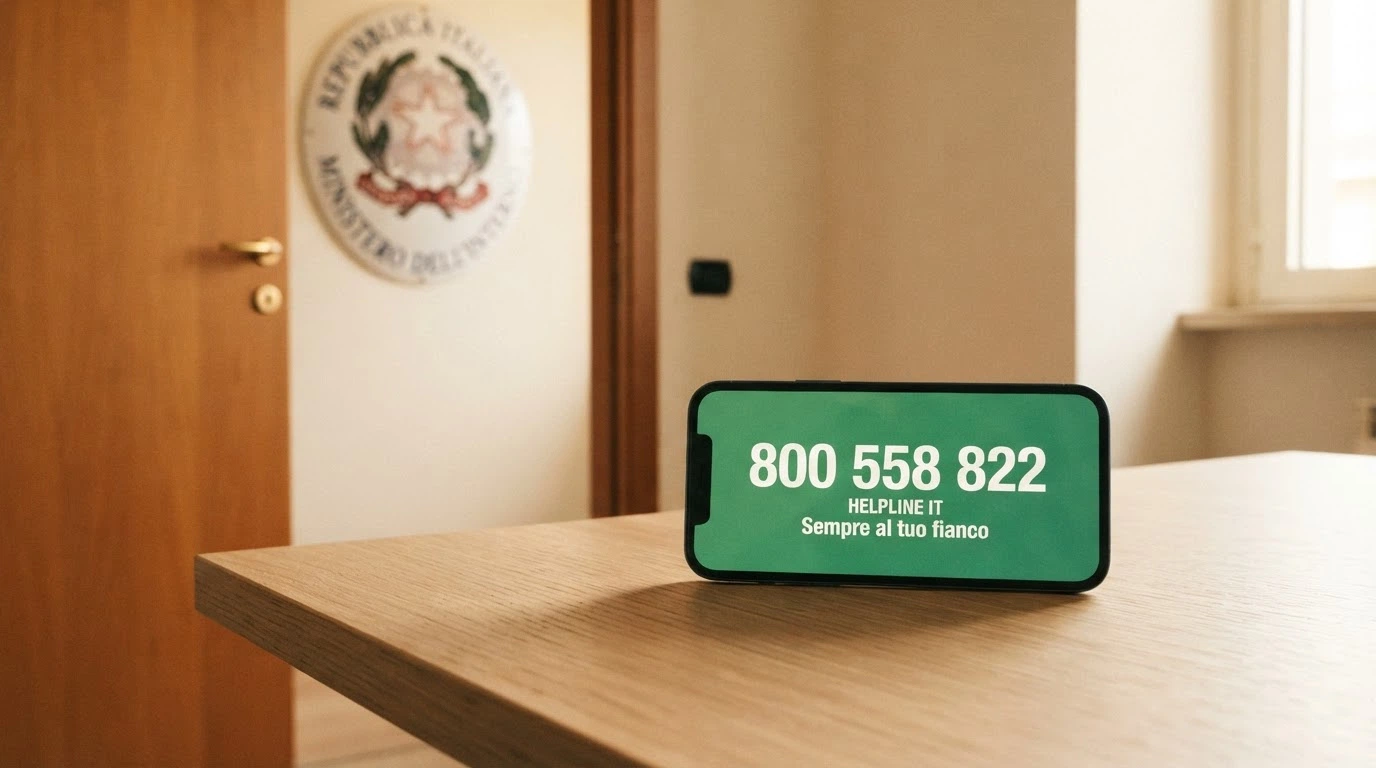 Telefono con il numero verde 800 558 822 sullo schermo e una porta socchiusa con il simbolo ADM