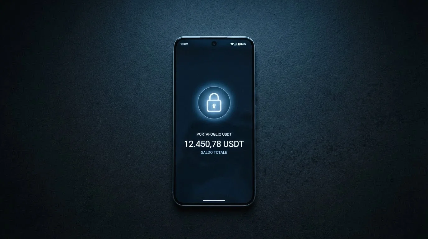 Lo schermo di uno smartphone con un wallet crypto e l'icona di un lucchetto, senza documenti di identità visibili