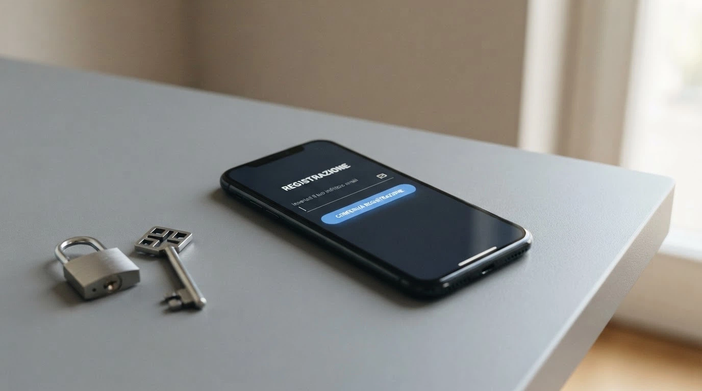 Uno smartphone con la schermata di registrazione a un casinò, affiancato da un lucchetto aperto e una chiave crittografica stilizzata