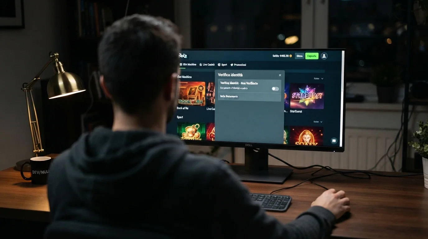 Una figura di spalle davanti allo schermo di un computer che mostra l'interfaccia di un casinò crypto, con l'area «Verifica identità» in grigio e disattivata.
