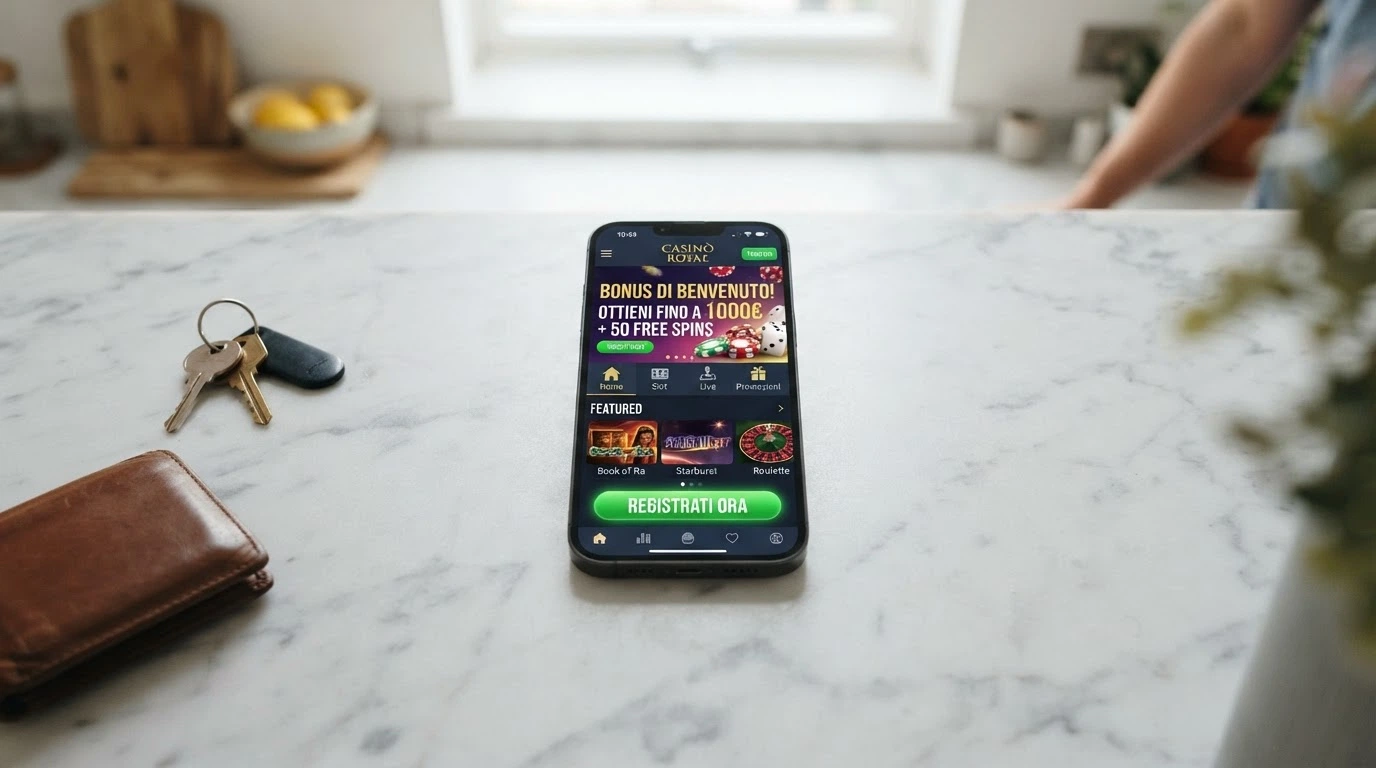Uno smartphone con l'app di un casinò ADM aperta sulla schermata di registrazione e riscatto del bonus benvenuto