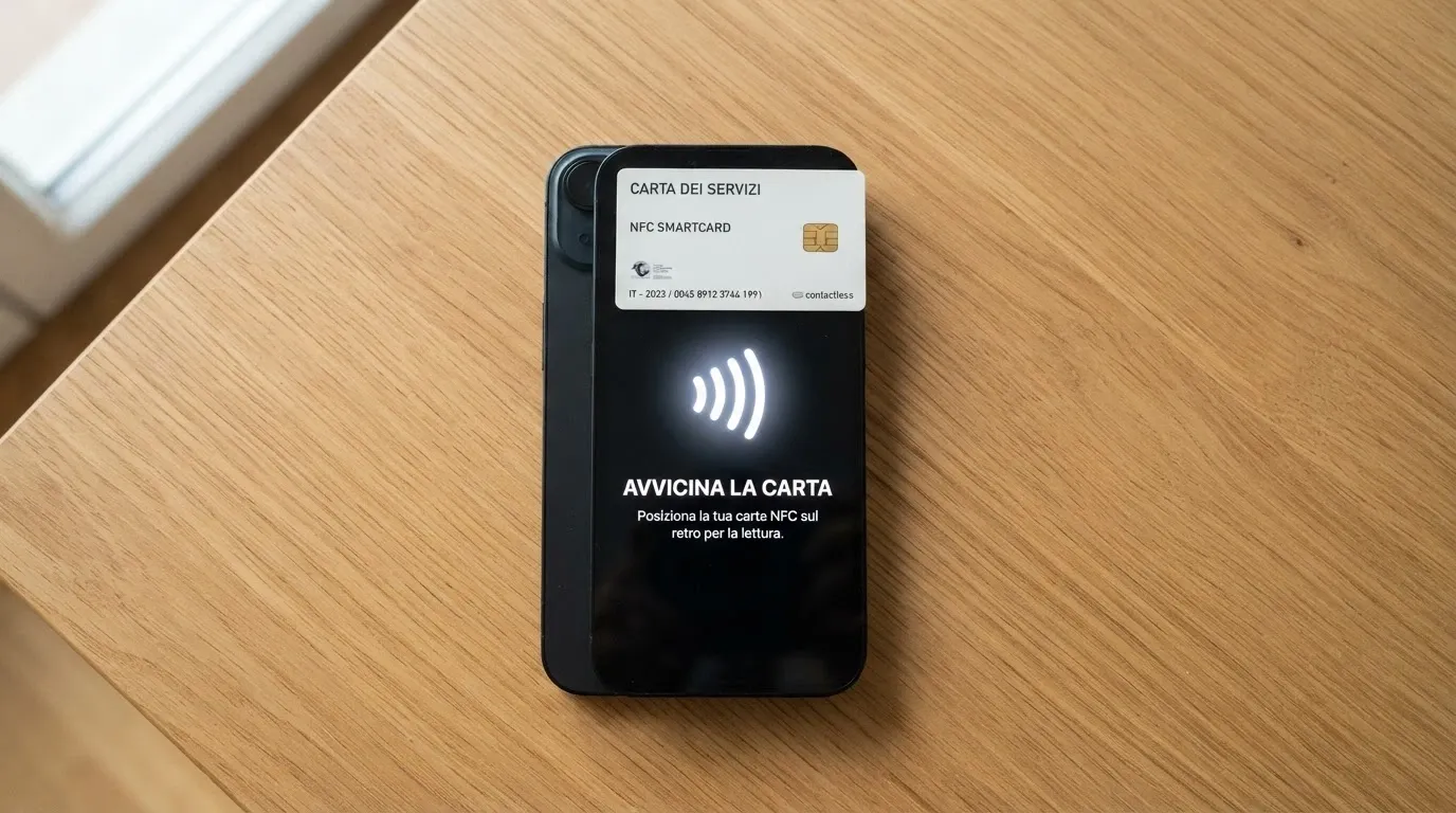 Lo schermo di uno smartphone con l'app CieID aperta e una CIE posizionata sul retro del telefono per la lettura NFC