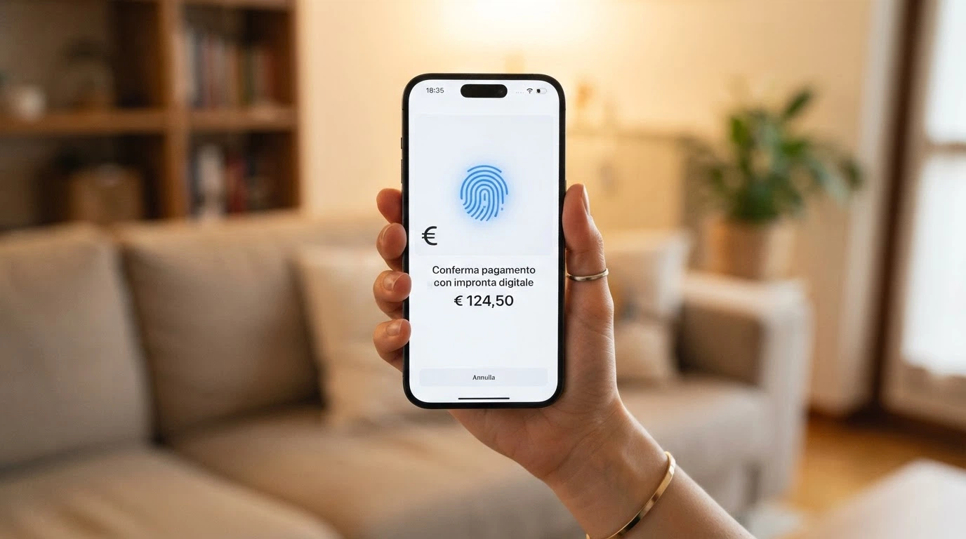 Uno smartphone che mostra il pagamento con Apple Pay su un casinò online, con l'icona Face ID visibile