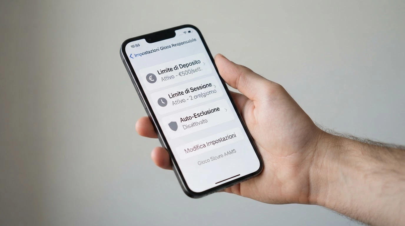 L'interfaccia dell'area personale di un concessionario ADM con le tre voci «Limite di deposito», «Limite di tempo» e «Autoesclusione RUA» in evidenza, affiancate da un'icona a forma di scudo