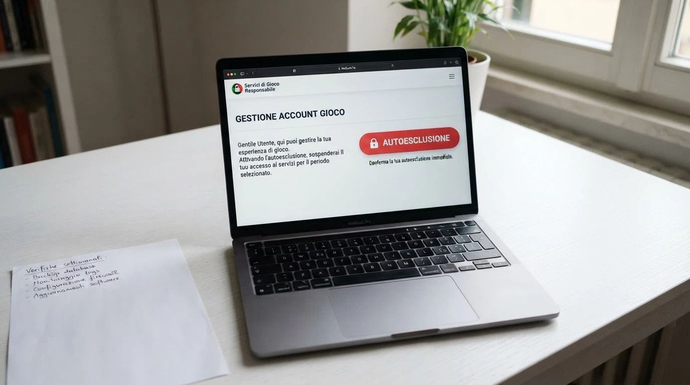 Un'interfaccia web con il pulsante «Autoesclusione» del RUA e un lucchetto aperto accanto a una lista di siti offshore