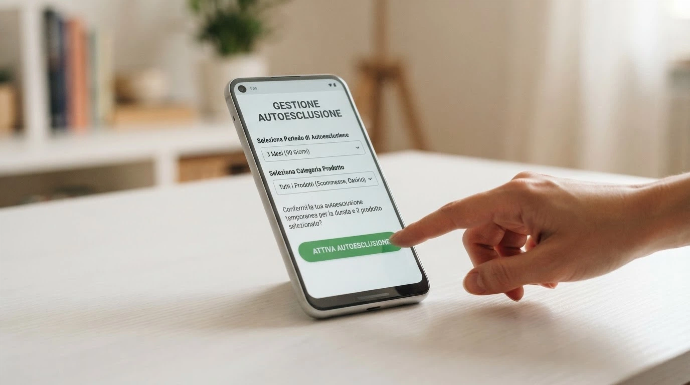 Smartphone con schermata del portale RUI (arserviziam.adm.gov.it) e l'interfaccia di autoesclusione con selettori: giorni, categoria di prodotto, durata — mano che tocca il pulsante «Attiva»