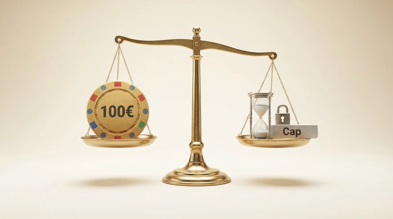 Bilancia stilizzata con da un lato la cifra «100€ bonus» e dall'altro icone che rappresentano wagering, scadenza e cap sulle vincite