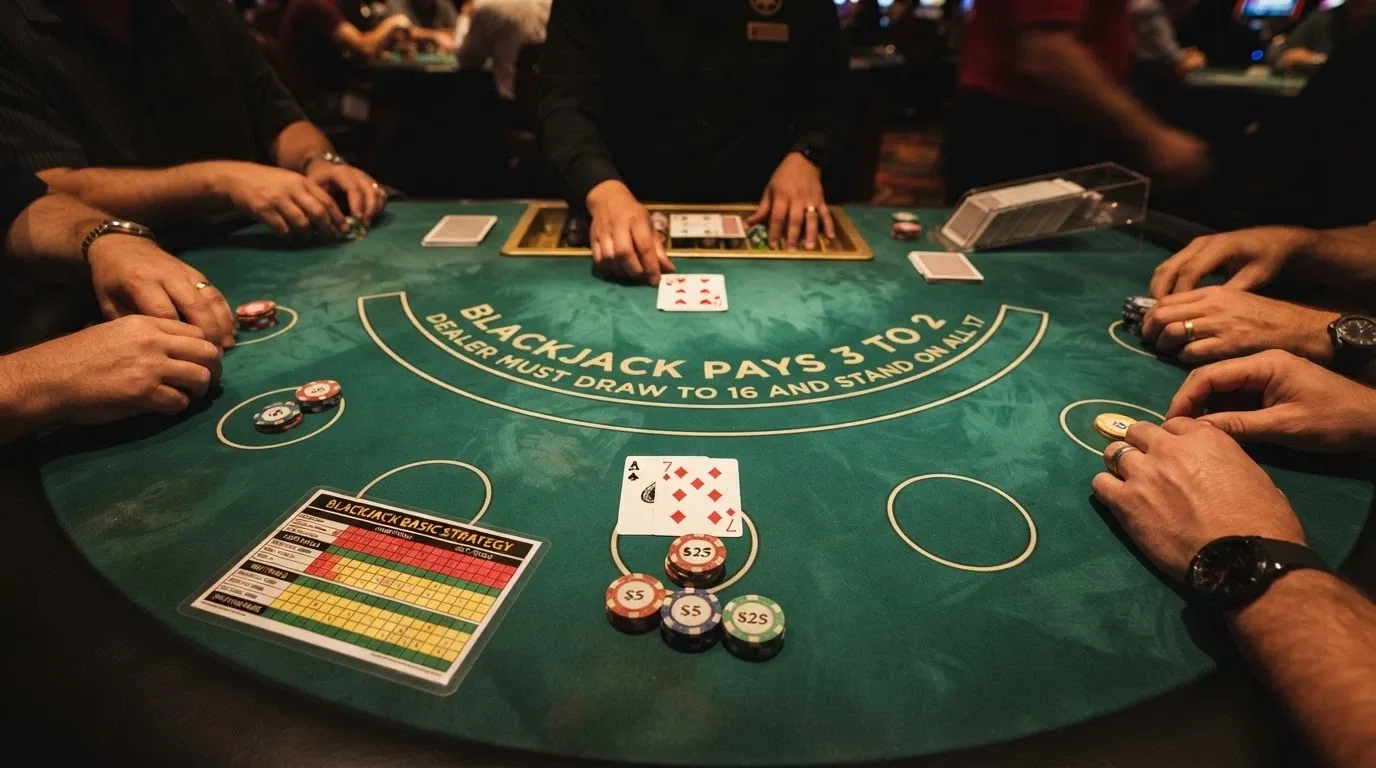 Un primo piano di un tavolo blackjack live con sette posti occupati: le carte del giocatore (un asso e un sette) sono in primo piano, la mano del banco mostra un sei, una card di strategia base è appoggiata virtualmente a lato