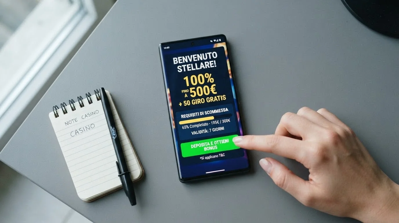 Primo piano di una schermata di registrazione con l'importo del bonus di benvenuto e i termini del wagering in evidenza