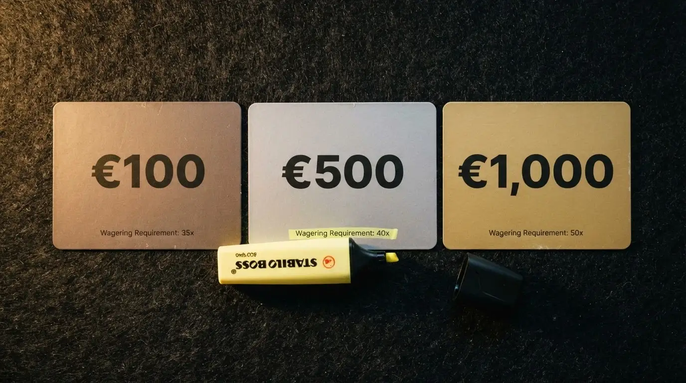Tre carte bonus affiancate con importi diversi e un evidenziatore che sottolinea il requisito di puntata in piccolo in fondo a ciascuna