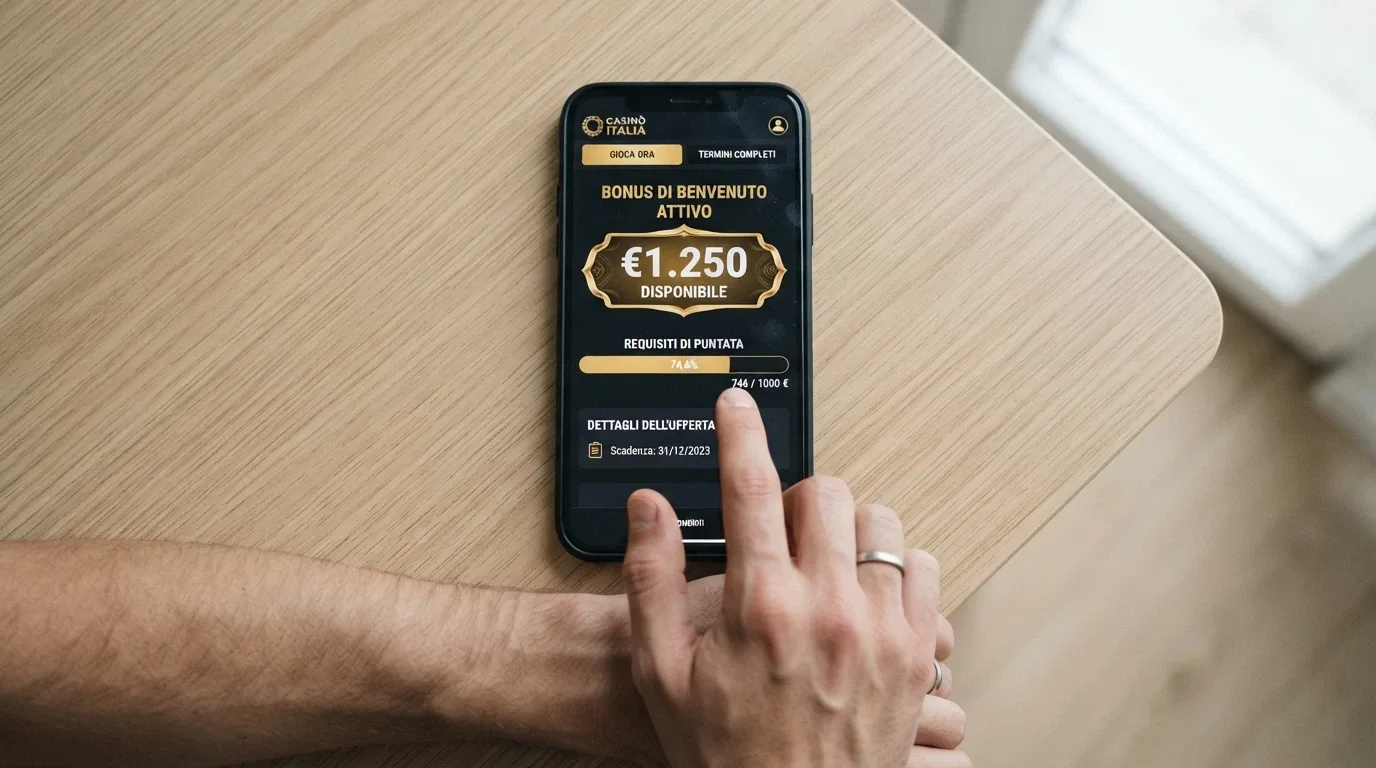 Un primo piano di uno smartphone con la schermata promozionale di un casinò, dove sono evidenziati l'importo del bonus, il requisito di wagering e la scadenza