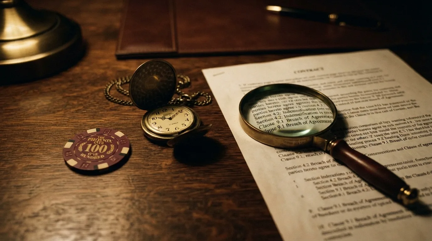 Una pila di monete Dogecoin con accanto un orologio e un contratto con una lente di ingrandimento che ne evidenzia le clausole in piccolo.