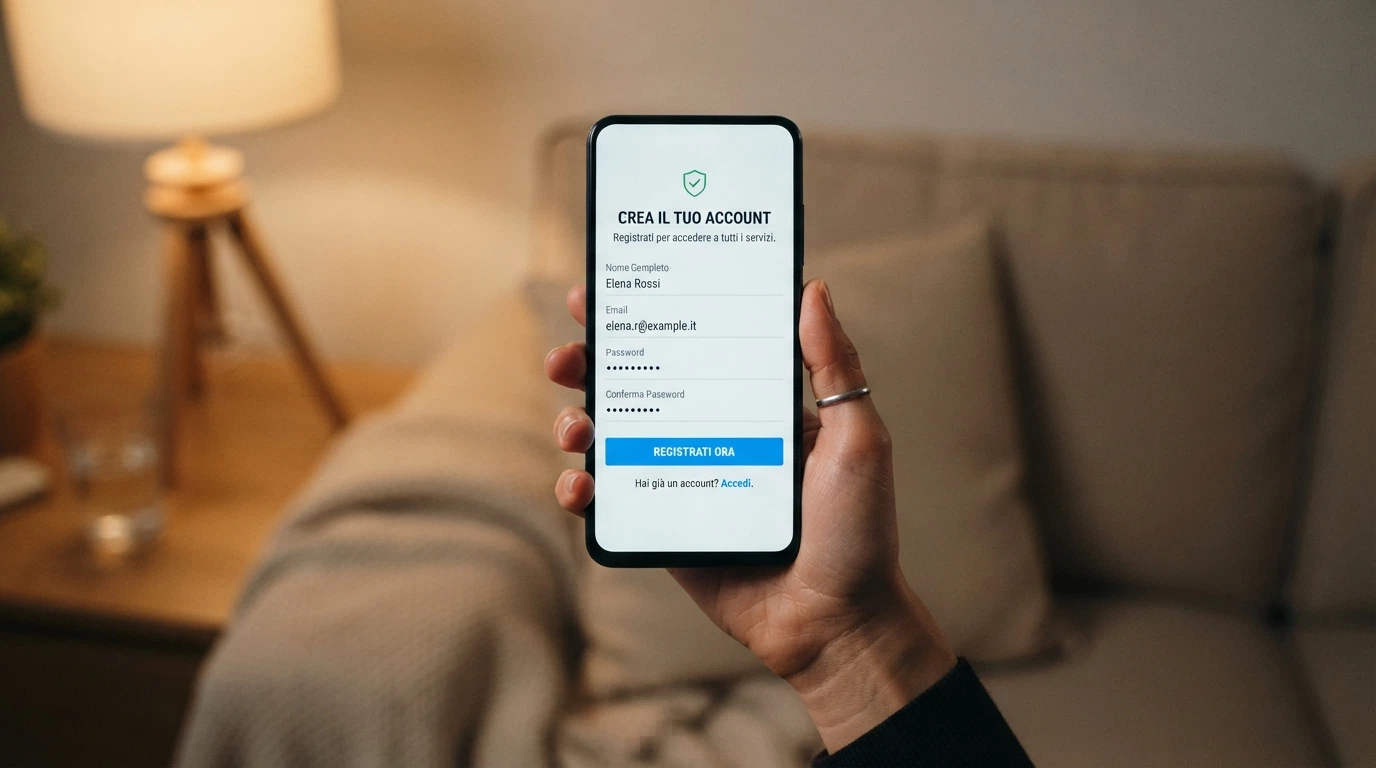 Una mano che tiene uno smartphone in verticale: sullo schermo, la schermata di registrazione SPID di un casinò, con l'icona del bonus in evidenza