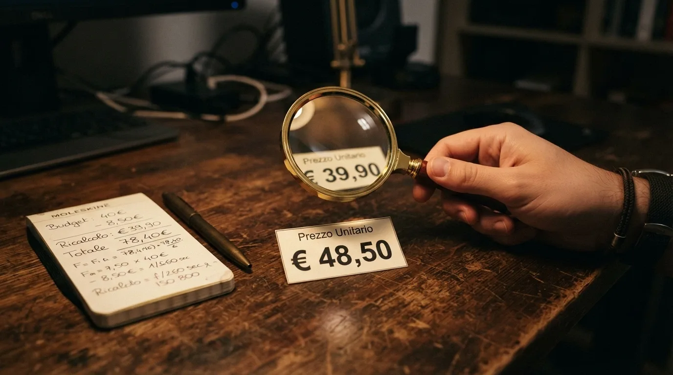 Una lente di ingrandimento su un cartellino che mostra «Bonus €1.000» mentre nel riflesso della lente appare la cifra reale al netto del wagering, con una calcolatrice a fianco