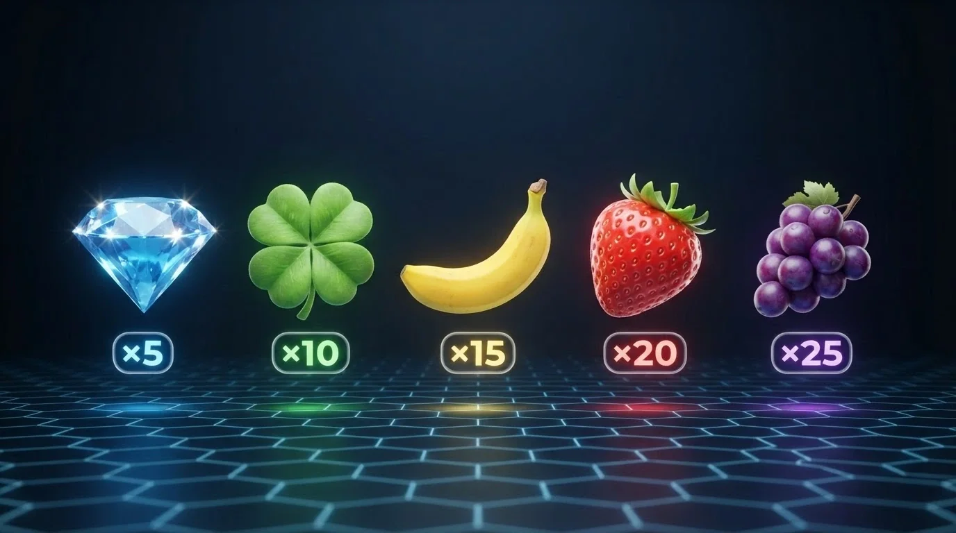 I cinque simboli del Bonus Crab allineati su una griglia luminosa: diamante blu, trifoglio verde, banana gialla, fragola rossa, uva viola, ciascuno con il proprio moltiplicatore in evidenza