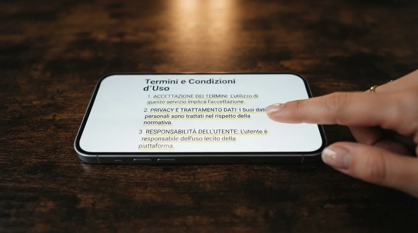 Un primo piano di un telefono che mostra la schermata dei termini e condizioni di un bonus di benvenuto, con le voci «wagering», «validità» e «contributo giochi live» evidenziate in giallo