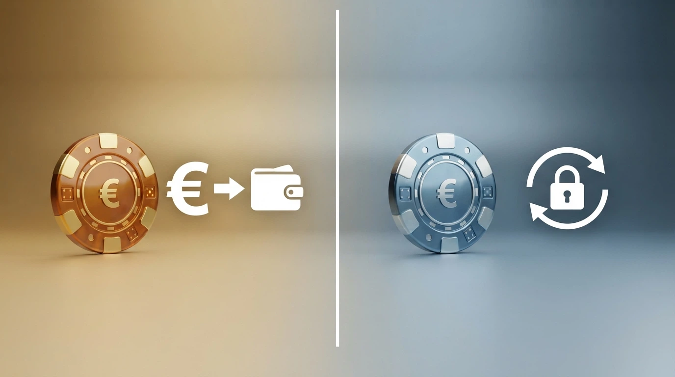 Confronto visivo tra un bonus reale con simbolo euro e freccia verso il portafoglio e un fun bonus con simbolo lucchetto