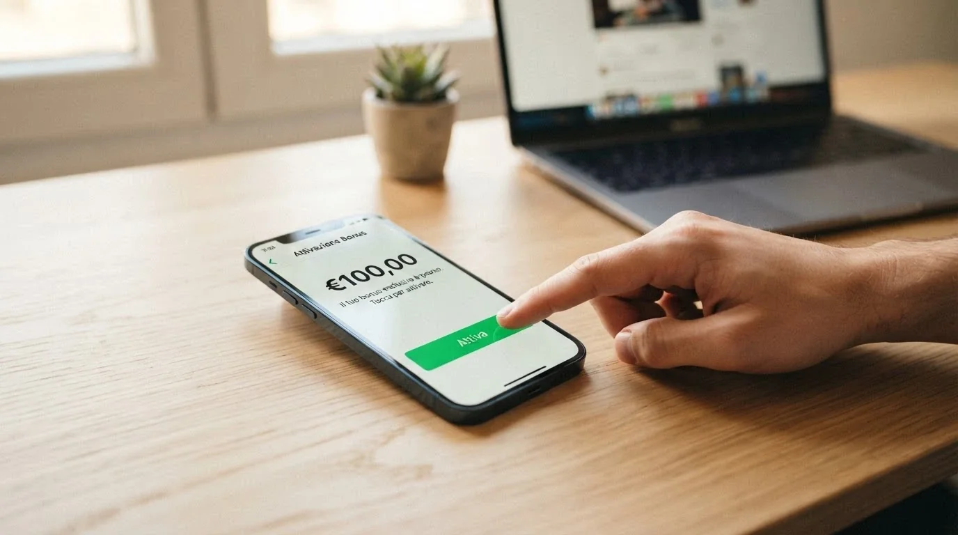 Un telefono che mostra la schermata di accredito di un bonus senza deposito con SPID, con l'importo del bonus in evidenza e il logo SPID visibile