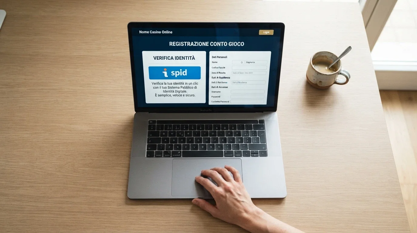 Schermata di registrazione di un casinò online con il pannello di verifica identità e il simbolo SPID in evidenza