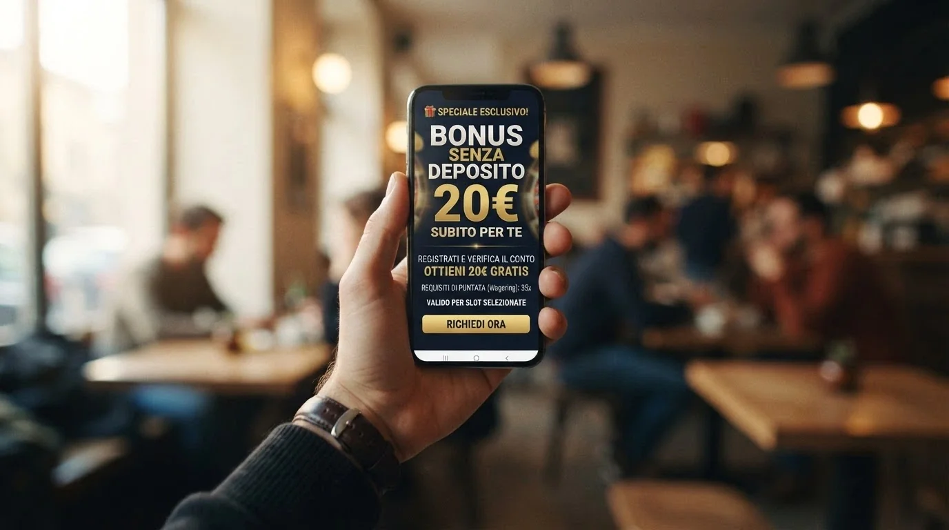 Un pannello promozioni di un casinò ADM con un'offerta di bonus senza deposito in evidenza, importo in euro e termini di rigioco visibili