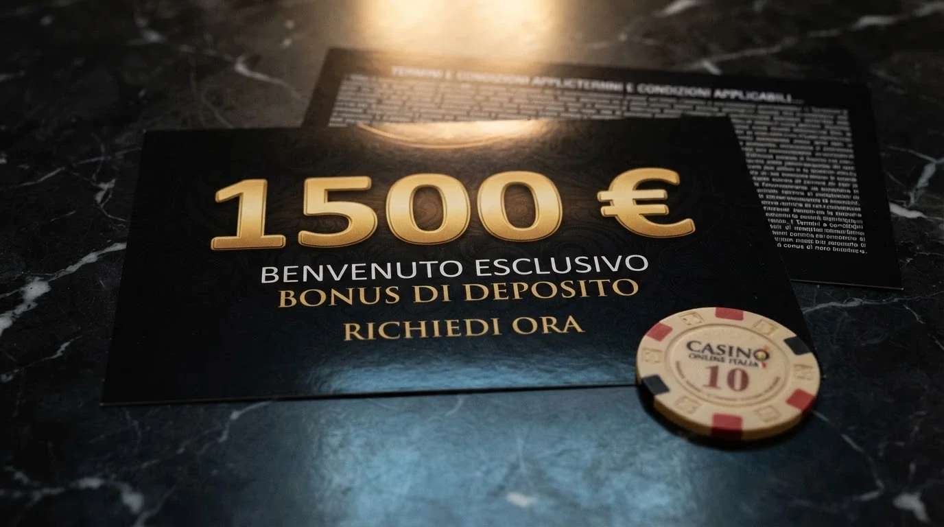 Primo piano di un bonus di benvenuto con l'importo in evidenza e, in secondo piano sfocato, le condizioni in caratteri piccoli