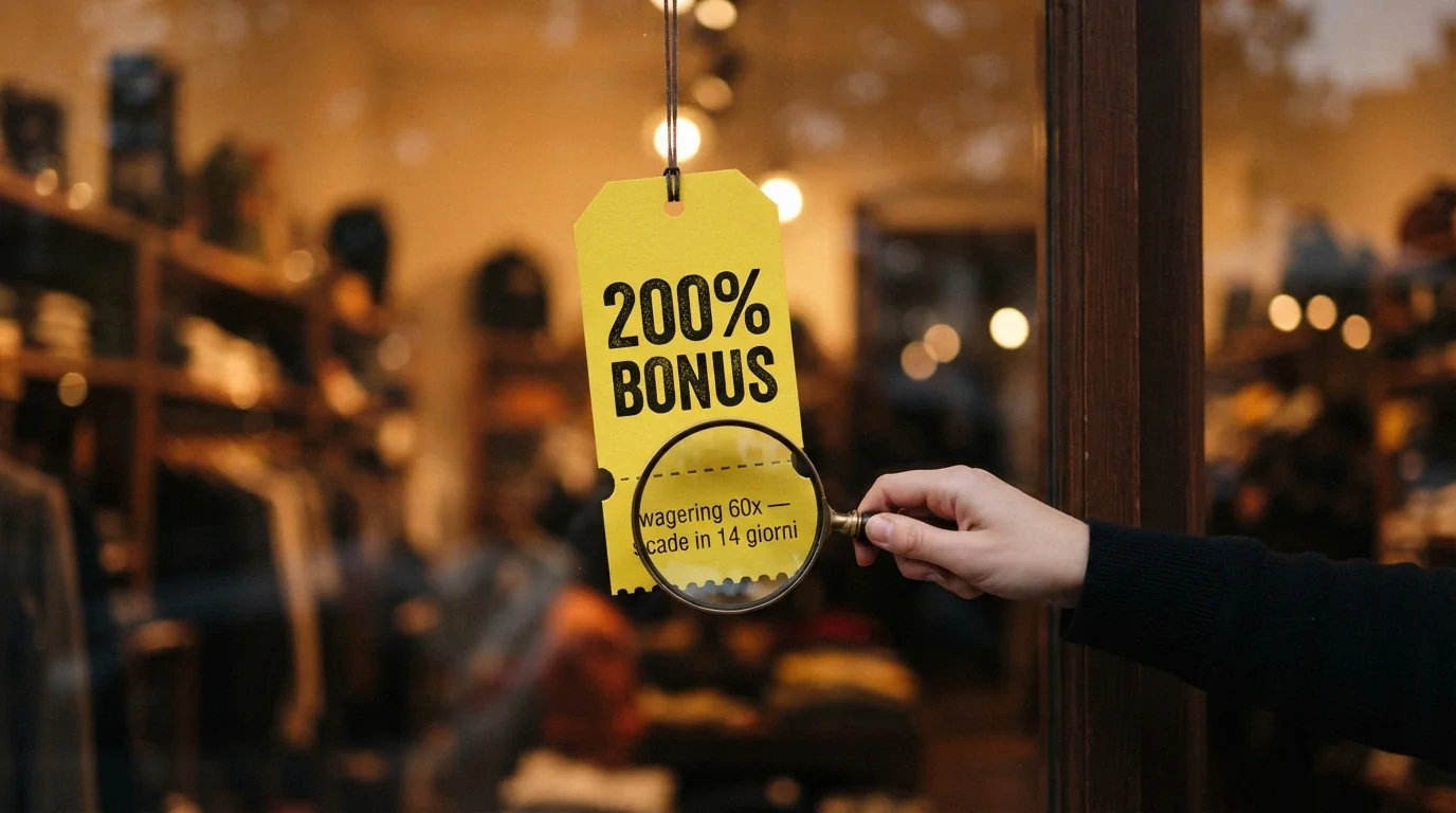 Un cartellino «200% BONUS» in vetrina, con una lente di ingrandimento che rivela in piccolo la scritta «wagering 60x — sblocco a rate — scade in 14 giorni»