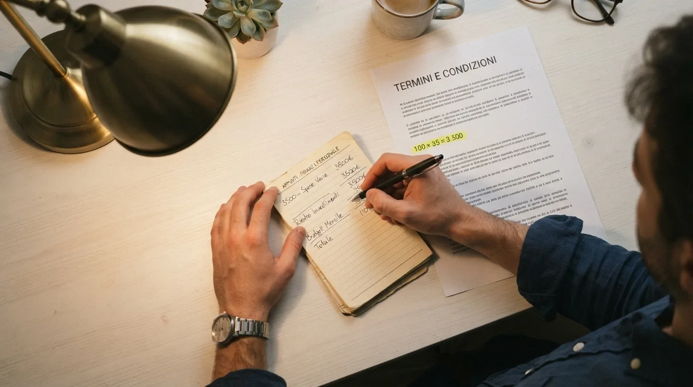 Una calcolatrice accanto a un documento con la scritta «Termini e Condizioni», con l'operazione «100 × 35 = 3.500» evidenziata in giallo