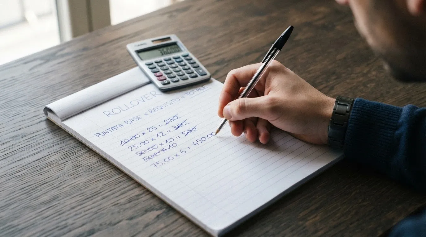 Un primo piano di un foglio con una calcolatrice accanto: sul foglio, la formula del rollover con numeri cancellati e riscritti