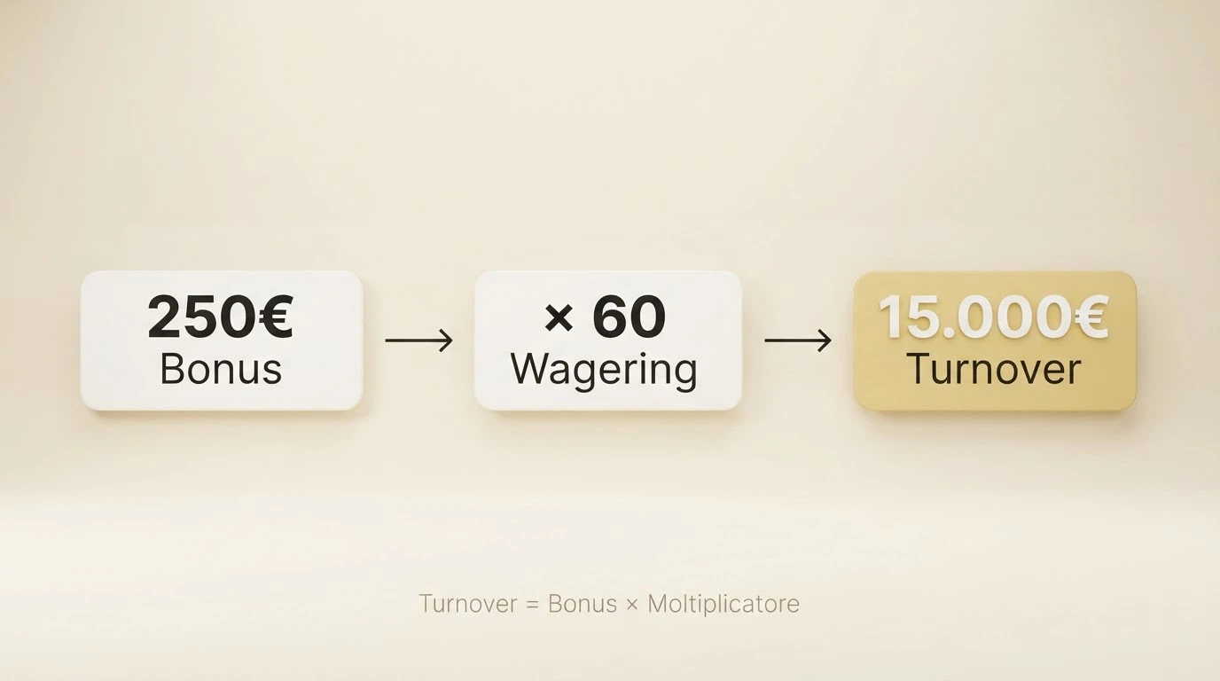 Schema visivo del calcolo del wagering: importo bonus × moltiplicatore = turnover richiesto, con esempio numerico