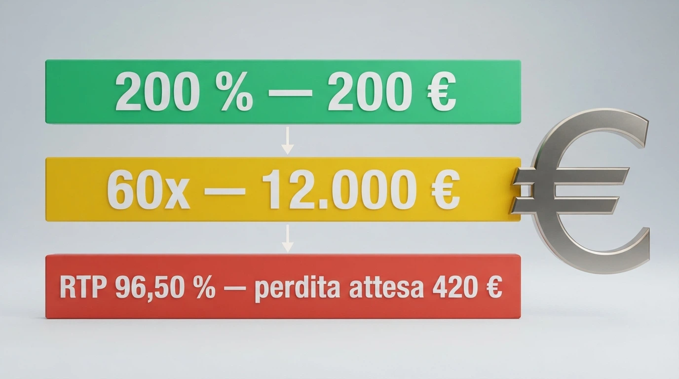 Infografica che mostra la formula del costo reale del bonus: percentuale dichiarata meno requisito di scommessa uguale valore netto