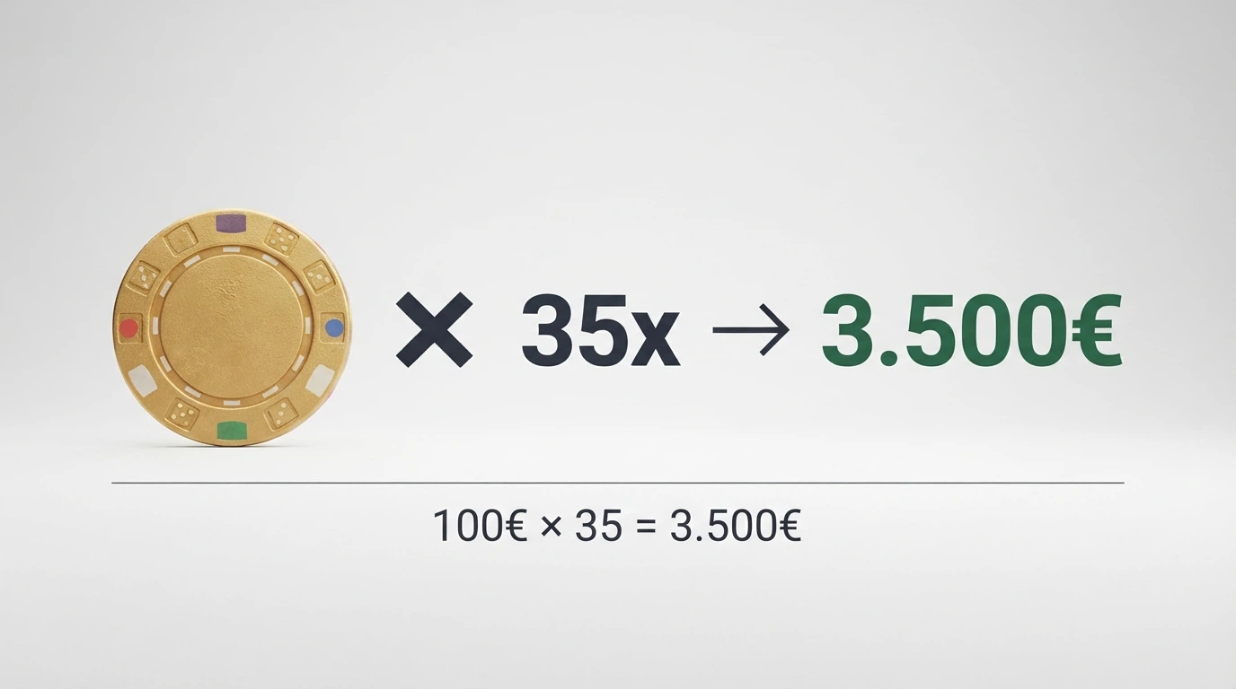 Schema visivo del calcolo del wagering: 100 euro di bonus moltiplicato per 35x uguale 3.500 euro di volume di giocate richiesto