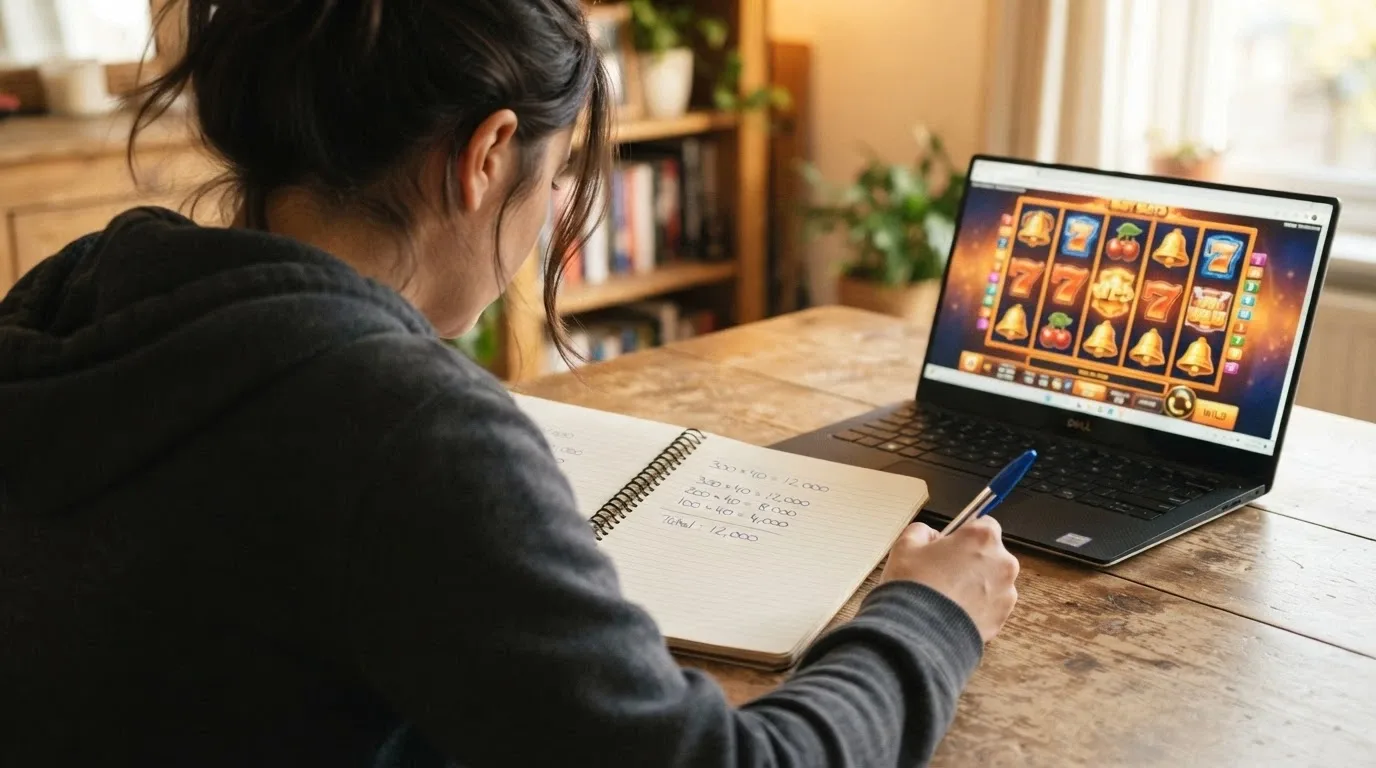Una calcolatrice accanto allo schermo di un casinò online, con numeri che mostrano un calcolo di moltiplicazione del wagering.