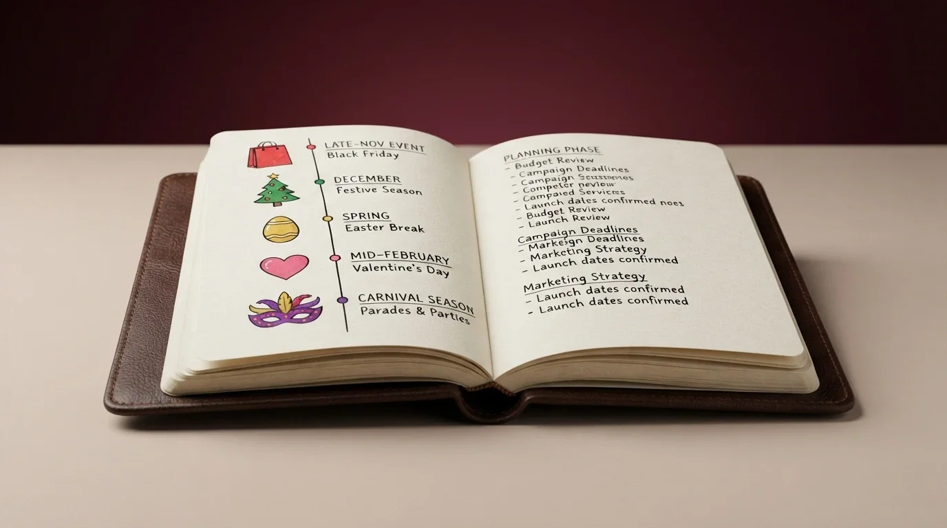 Un calendario annuale stilizzato con icone tematiche sulle date di Black Friday, Natale, Pasqua, San Valentino e Carnevale