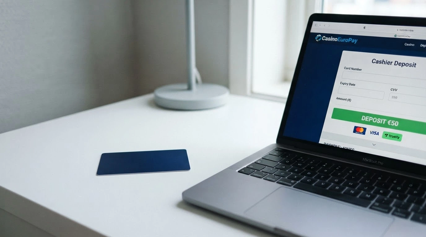 Una carta di credito appoggiata accanto a uno schermo con la pagina cassa di un casinò online