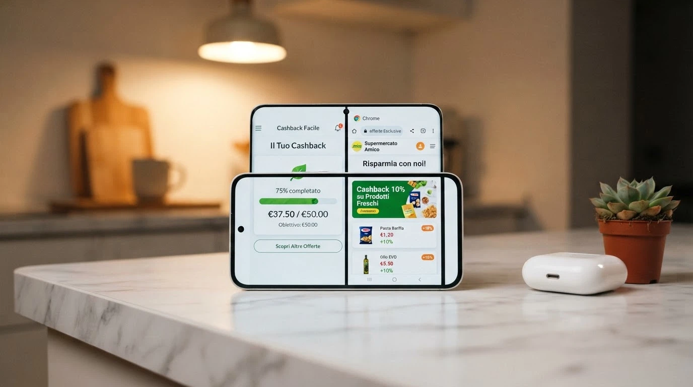 Uno smartphone con lo schermo diviso tra l'app nativa di un casinò ADM (a sinistra) e il sito mobile responsive (a destra), entrambi sulla pagina cashback