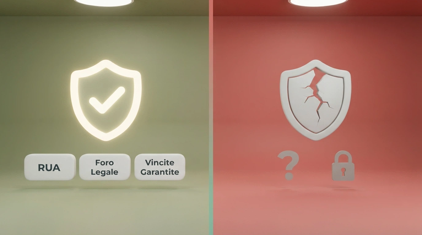 Due colonne affiancate: a sinistra le tutele di un casinò ADM (RUA, foro legale, vincite garantite), a destra i rischi di un operatore senza concessione