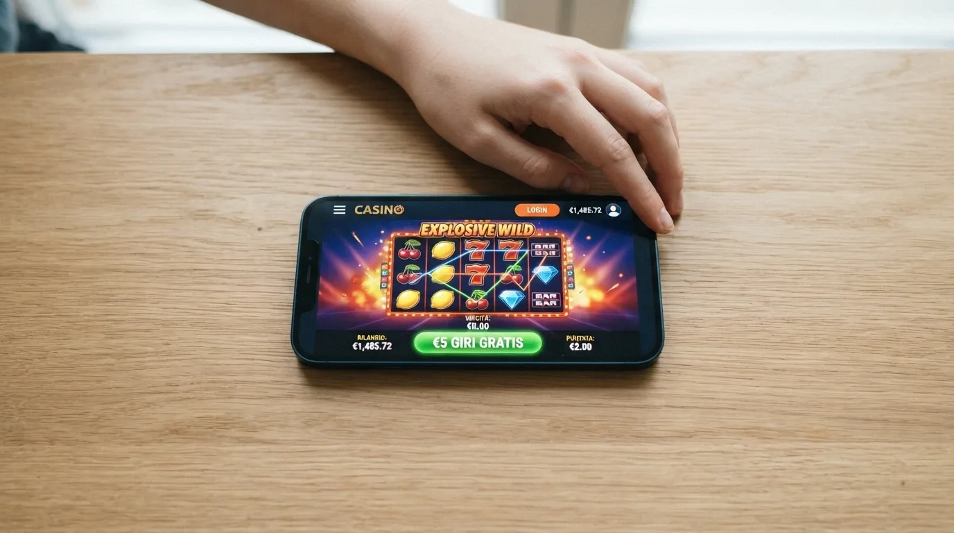 Uno smartphone con l'interfaccia di un casinò online in italiano e il pulsante dei giri gratis in primo piano