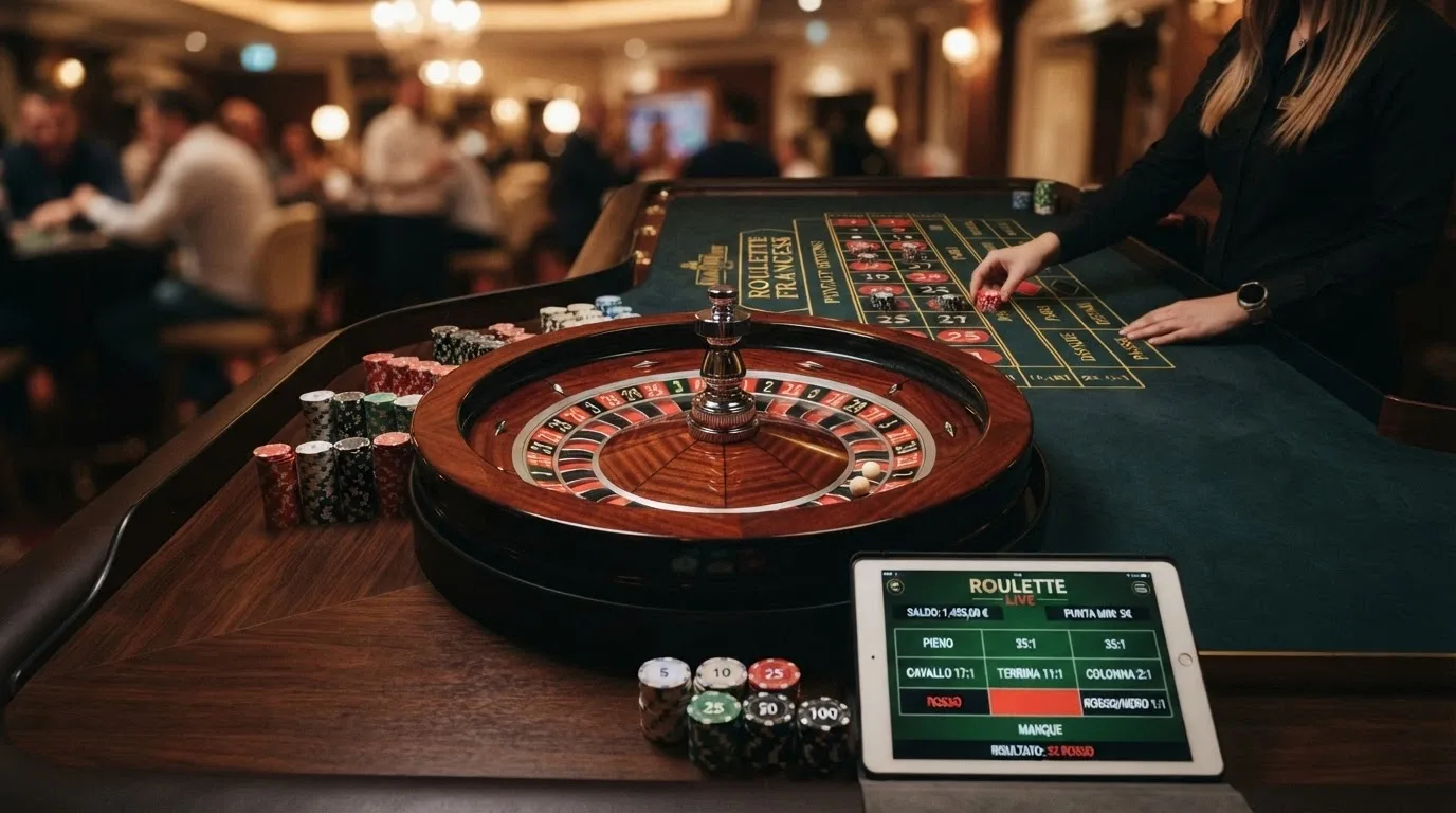 Un tavolo da roulette dal vivo con croupier inquadrato dall'alto, circondato da un'interfaccia digitale di puntata su schermo