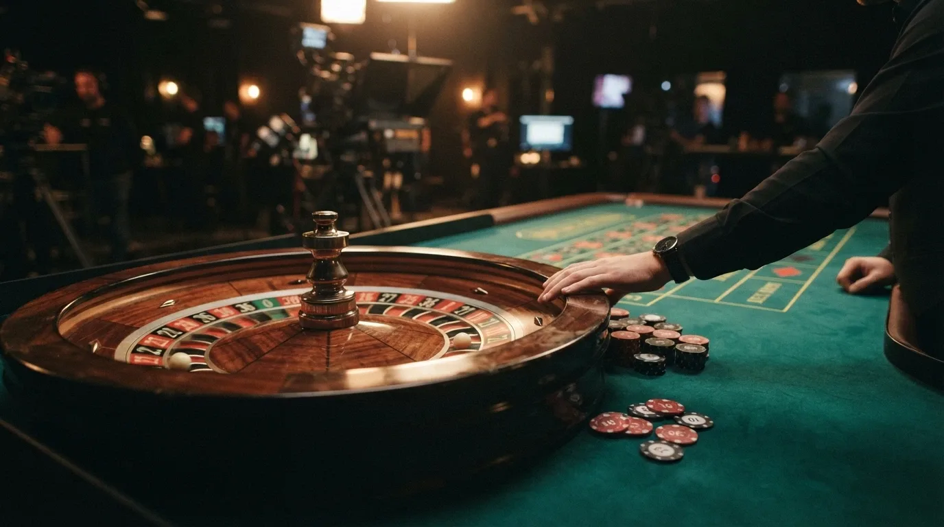 Un tavolo da roulette dal vivo con croupier inquadrato in primo piano, illuminato in un ambiente da casinò reale
