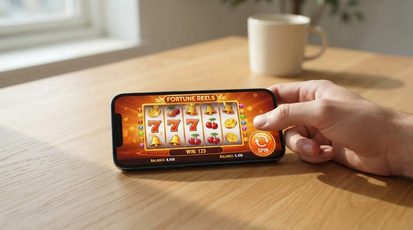 Smartphone con l'interfaccia di un casinò mobile e una slot in esecuzione
