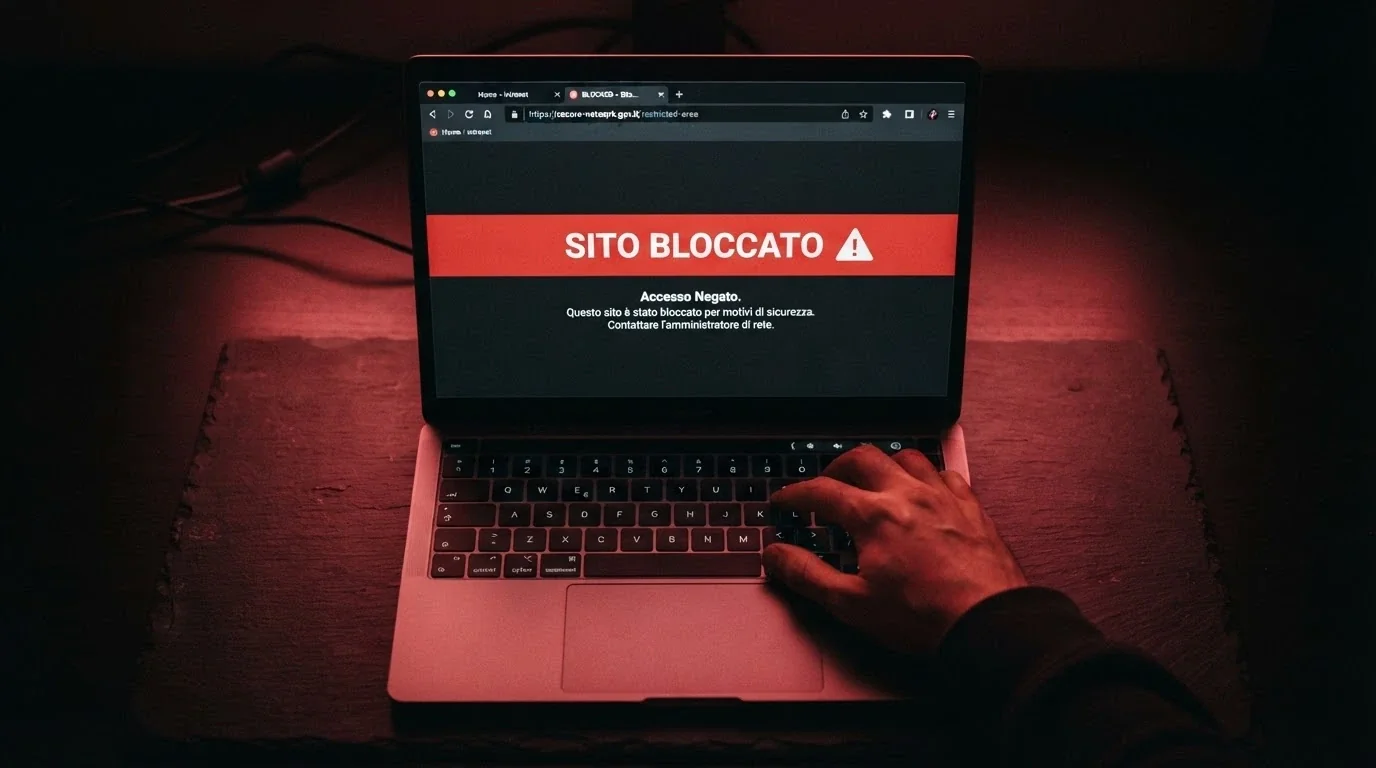 Interfaccia bloccata di un sito di gioco non autorizzato con avviso di blocco DNS imposto da ADM
