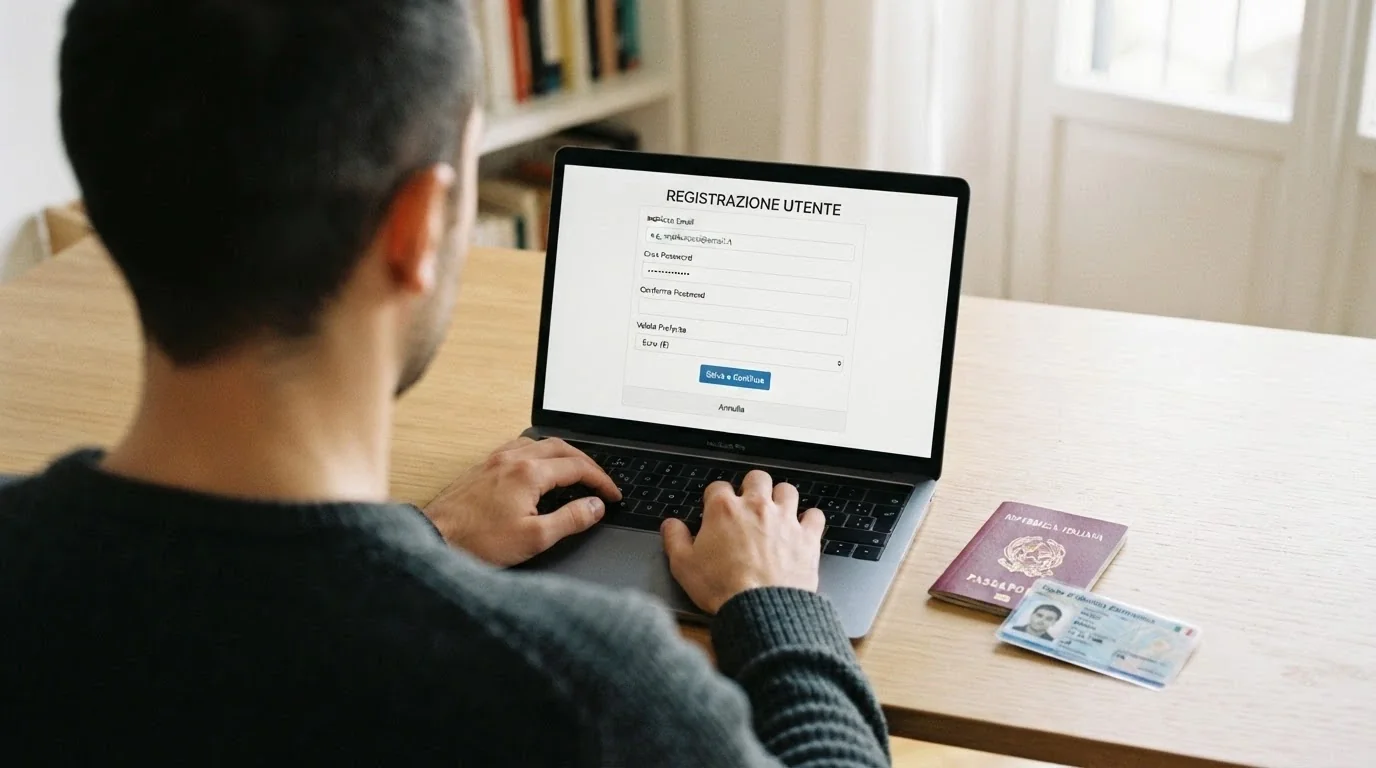 Uno schermo di laptop con la pagina di registrazione di un casinò online in italiano, accanto a un passaporto italiano e una carta d'identità.