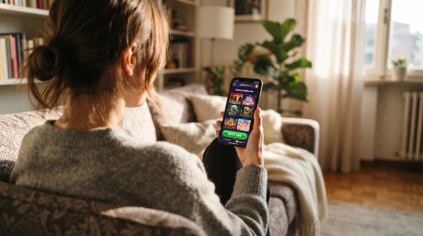 Uno smartphone in mano che mostra l'interfaccia mobile di un casinò crypto con una slot in esecuzione