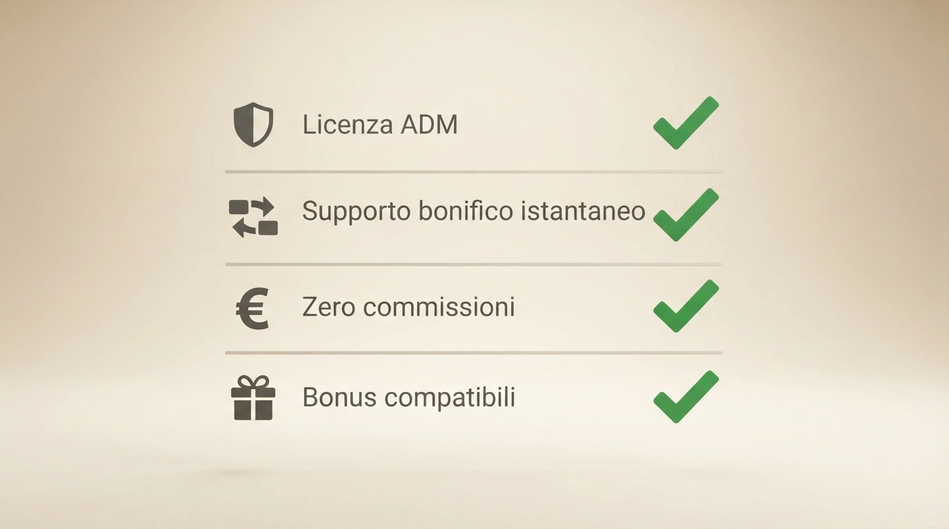 Una checklist illustrata con quattro icone e relative spunte: concessione ADM, bonifico istantaneo, zero commissioni, bonus compatibile.