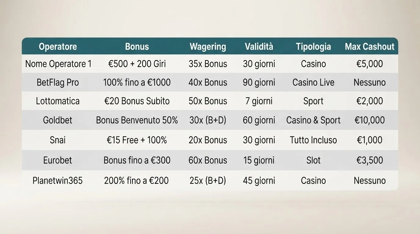 Una tabella comparativa stilizzata a sei colonne con le prime righe popolate e le intestazioni Operatore, Bonus, Wagering e Validità in evidenza