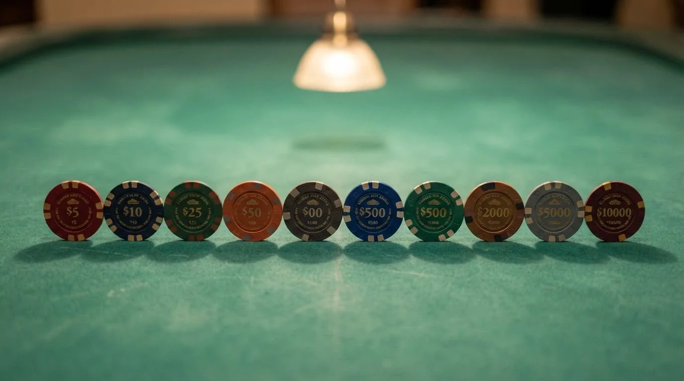 Una fila di dieci chip da poker con i loghi dei casinò recensiti, disposte su un tavolo da gioco illuminato.
