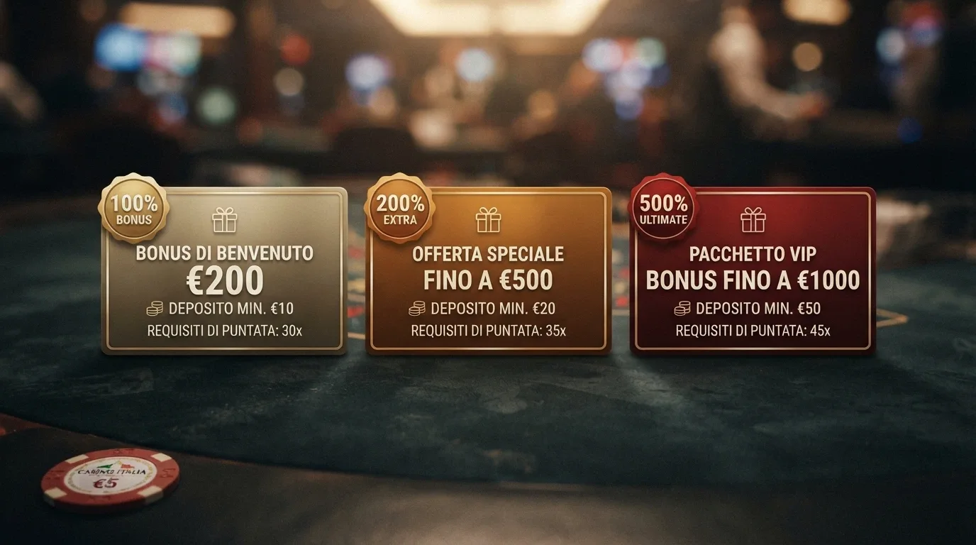 Un confronto visivo tra le schede di tre operatori ADM con i rispettivi bonus di benvenuto, importi e condizioni in formato comparativo