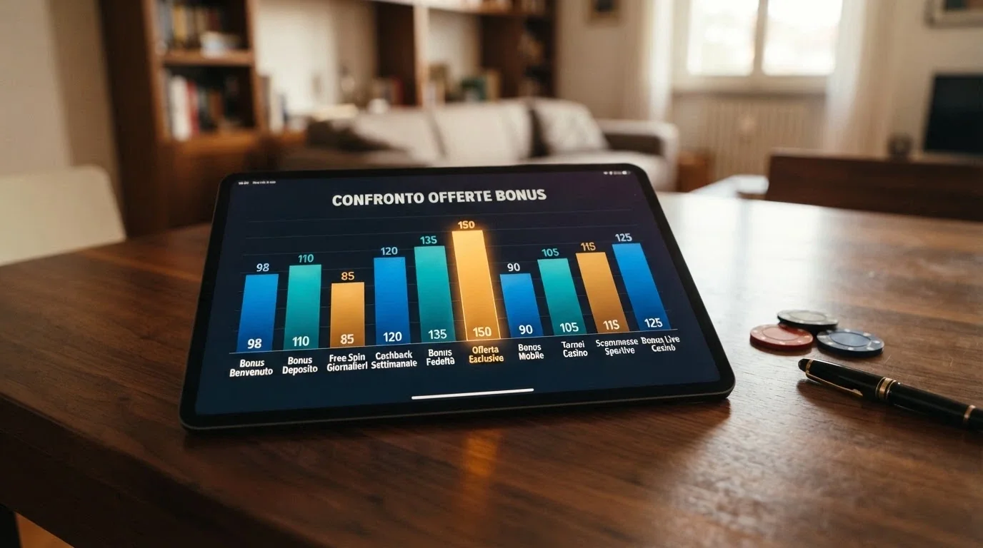 Una dashboard di confronto stilizzata con loghi dei casinò allineati e barre colorate che rappresentano % match, cap bonus e free spin