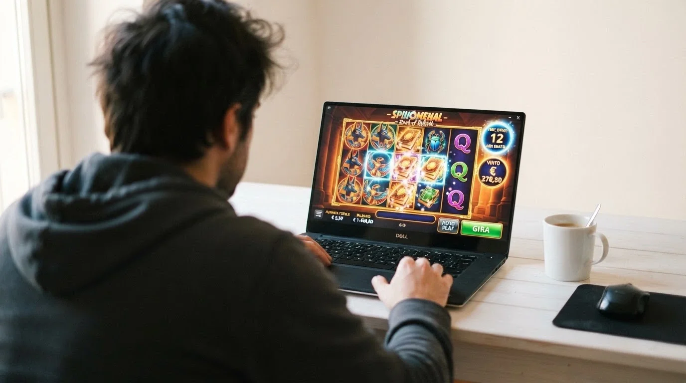 Una slot machine online con il contatore dei giri gratuiti attivo e l'indicatore delle vincite in tempo reale